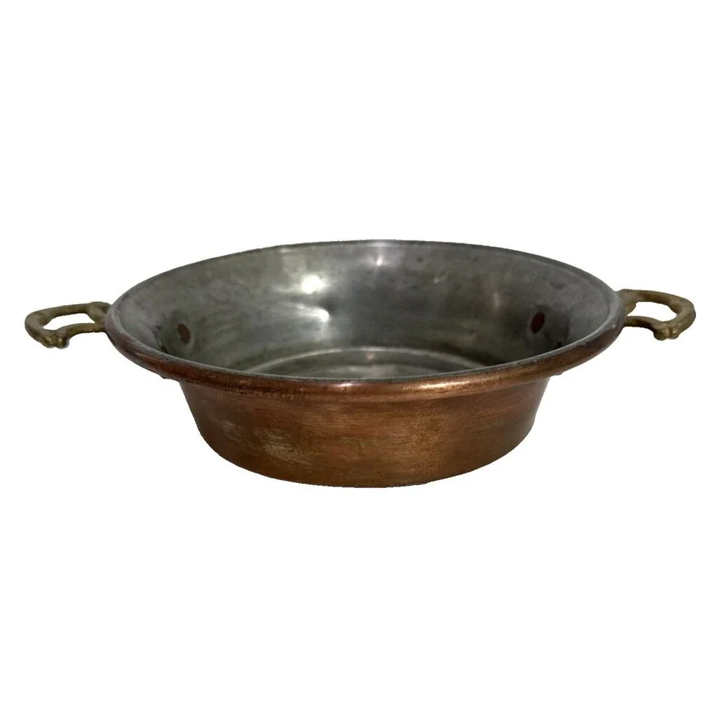 Antique French Copper Brass Handled Egg Poacher Escargot Pan 5 Hole